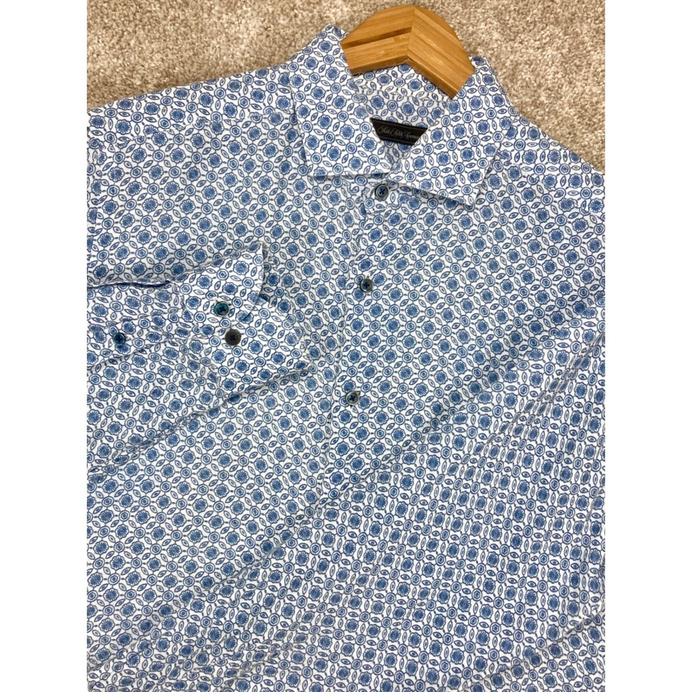 Saks Fifth Avenue 100% Linen Button Down Shirt Men L Blue White Resortwear Vacay